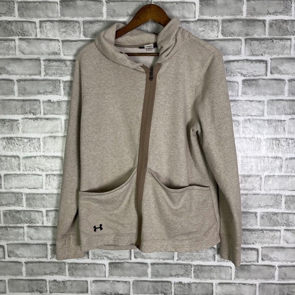 Under Armour Cowl Neck Neutral Cream Diagonal Zip Double Pocket Sweater Large - Picture 1 of 9